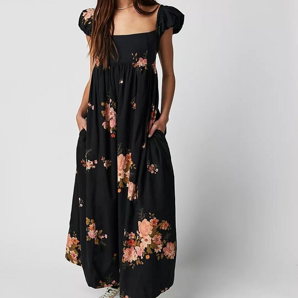 NWT Free People Linda Lou Black Floral Poplin Maxi Dress, SMALL